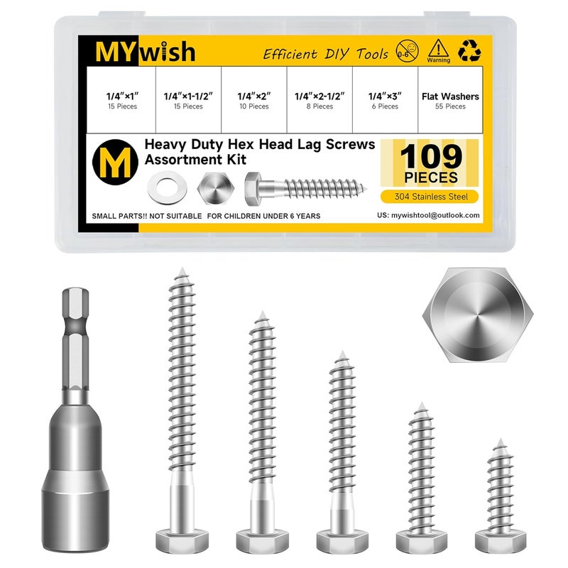 MYWISH 1/4 Hex Head Lag Screws Assortment Kit, 109Pcs Heavy Duty Lag Bolts with Washers, 304 Stainless Steel Bolts 18-8 5-Size Wood Screws for Outdoor, Bright Finish 1/4 Bolt - Image 1